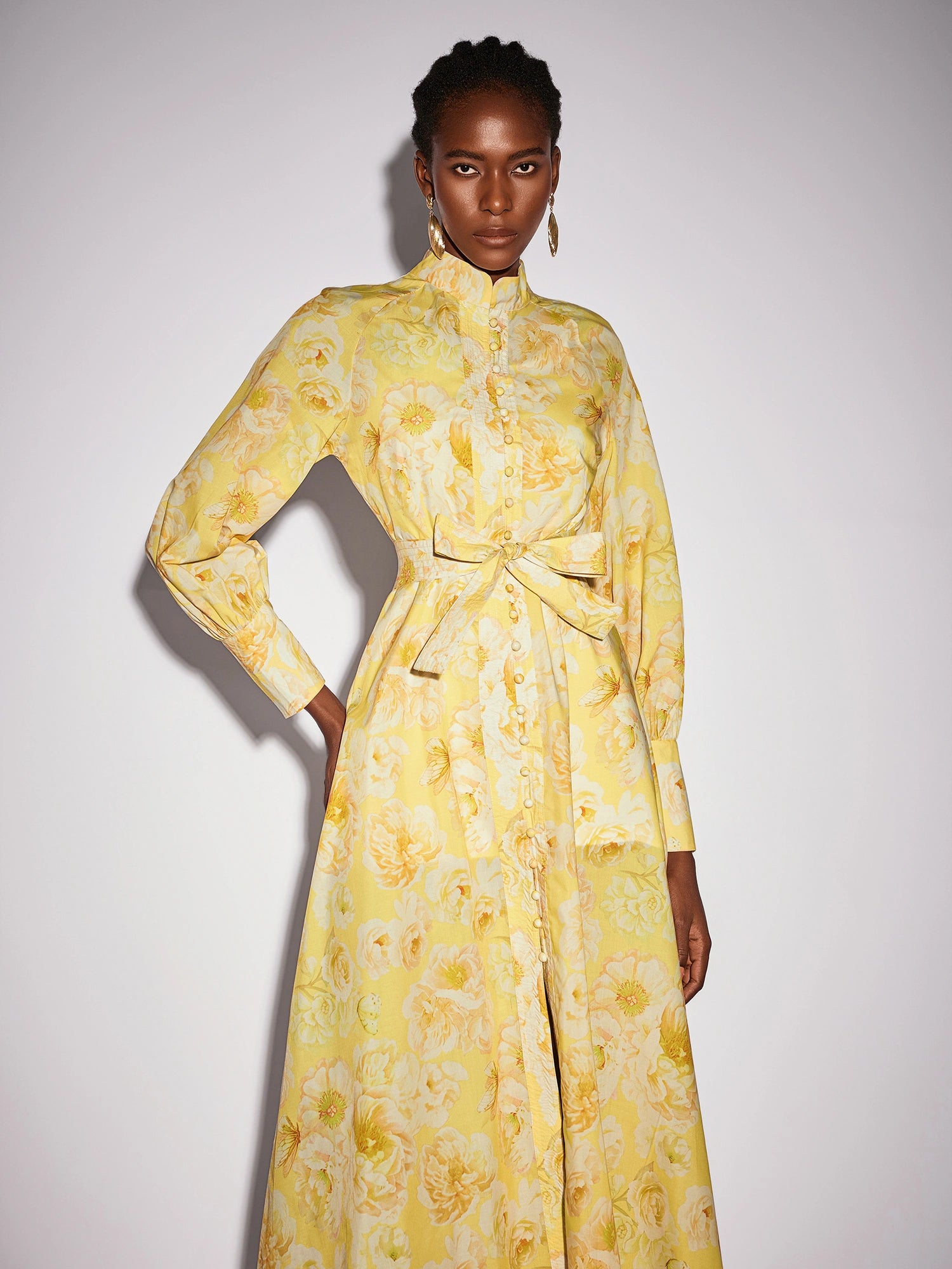 Yellow Floral Print Tie Waist Midi Dress|NOOSGOP