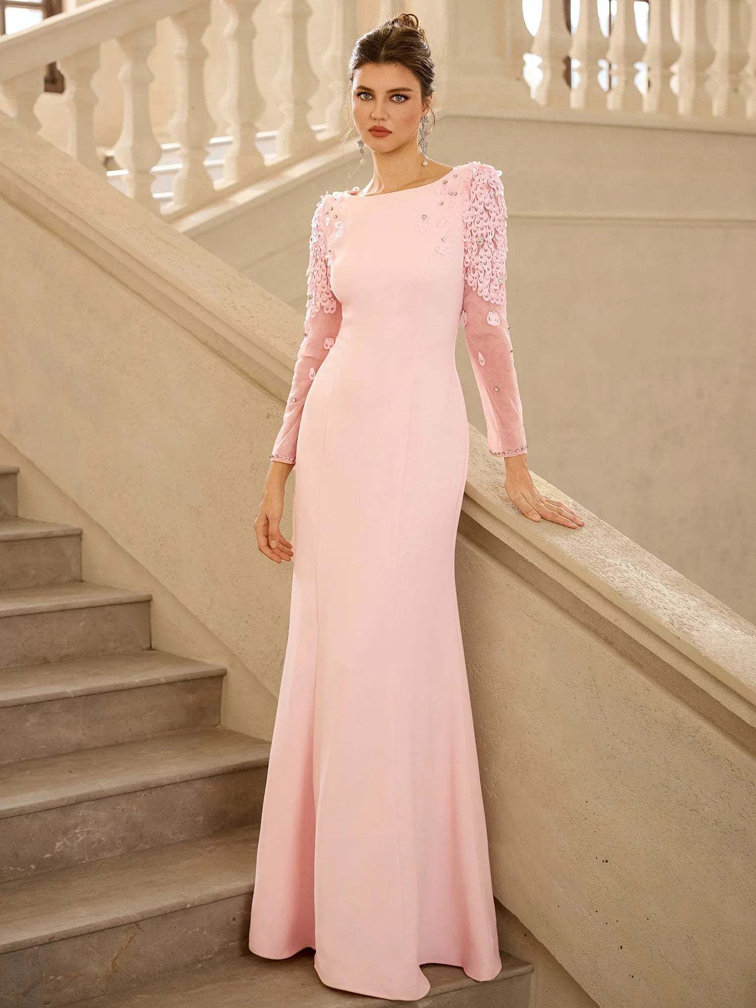 legant Pink Floral Detail Evening Maxi Dress|NOOSGOP