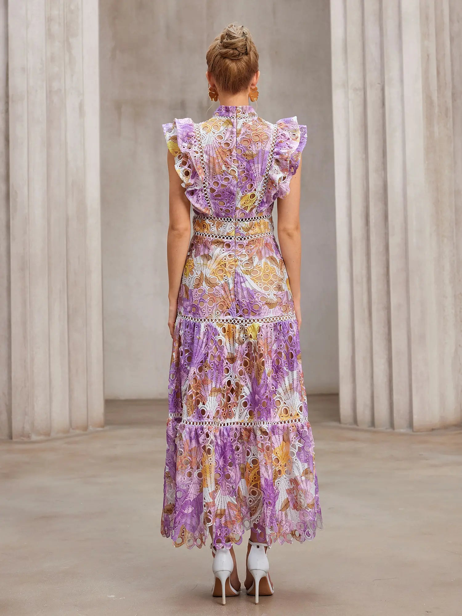 Sheer-Insert Embroidered Midi Dress Purple Print / M Sheer-Insert Embroidered Midi Dress Purple Print / M