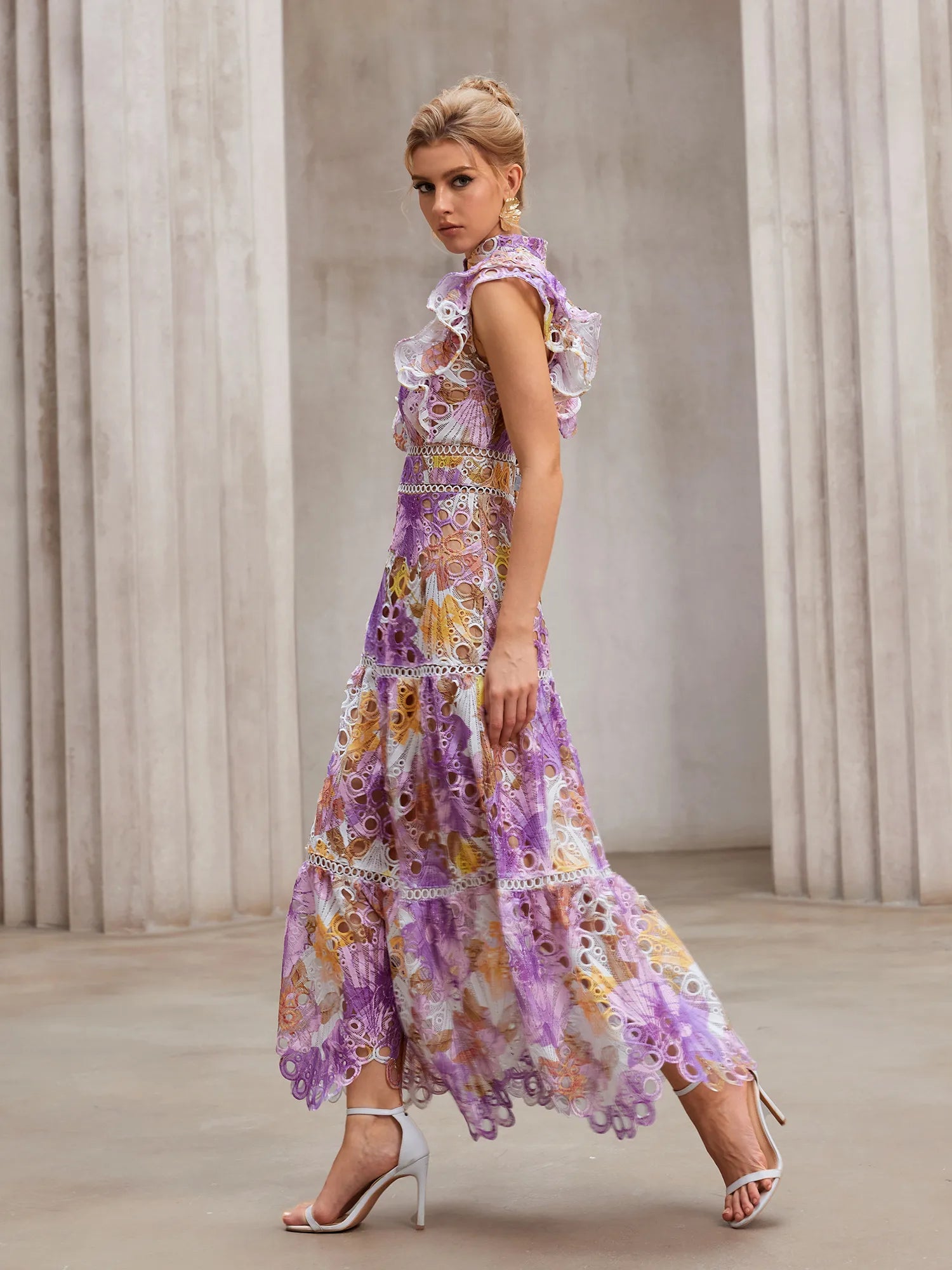 Sheer-Insert Embroidered Midi Dress purple print / M Sheer-Insert Embroidered Midi Dress purple print / M