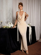 Apricot V-Neck Neck Tie Maxi Dress |NOOSGOP