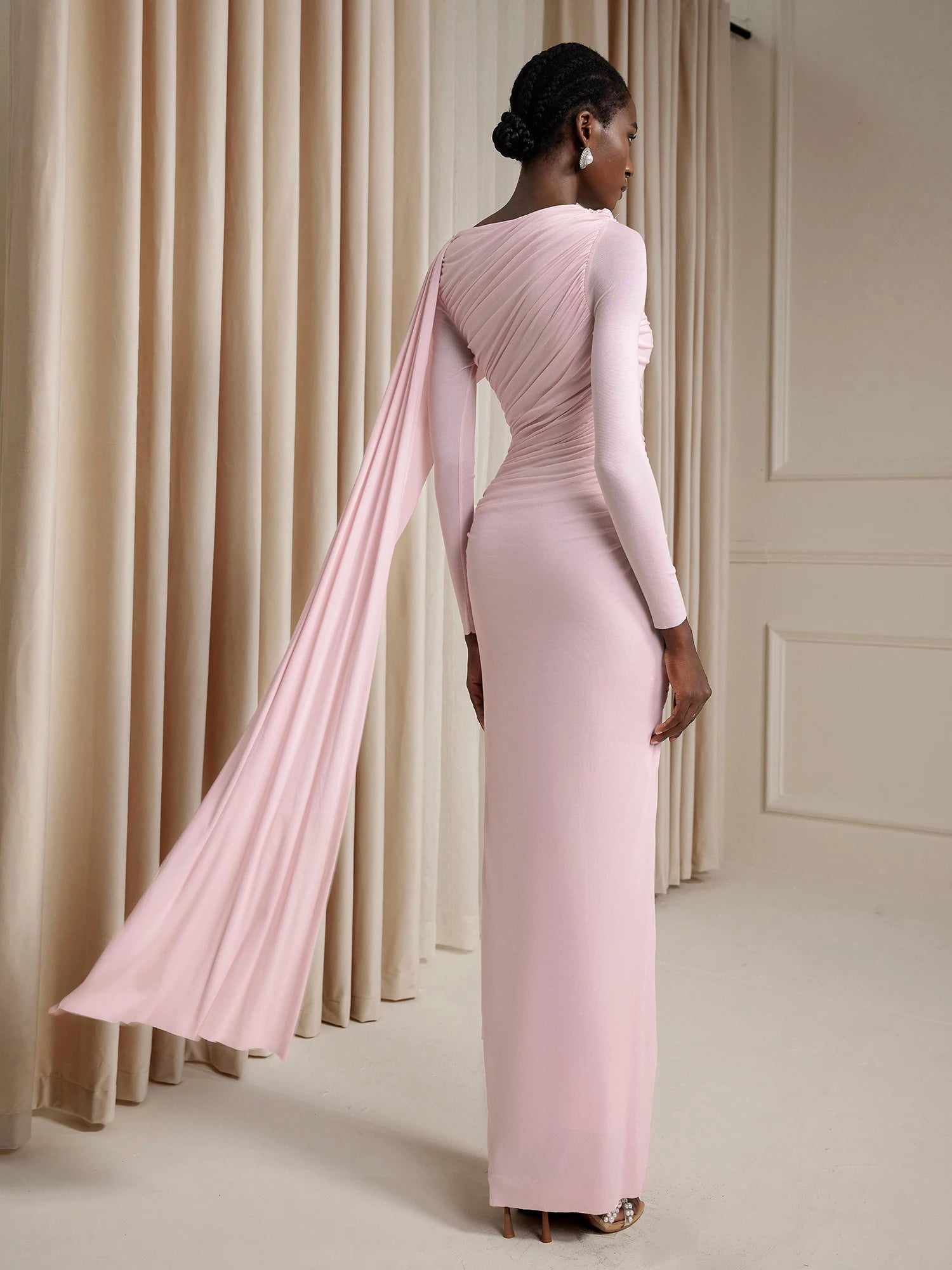 Asymmetric Ruched Cape Maxi Dress|NOOSGOP