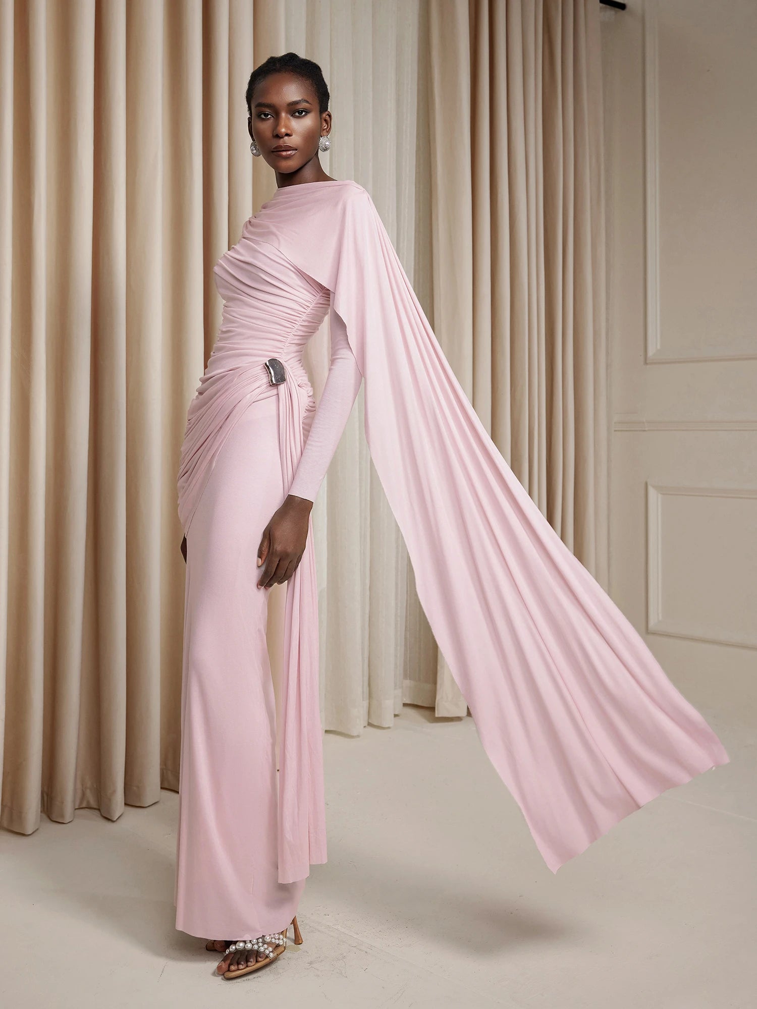 Asymmetric Ruched Cape Maxi Dress|NOOSGOP