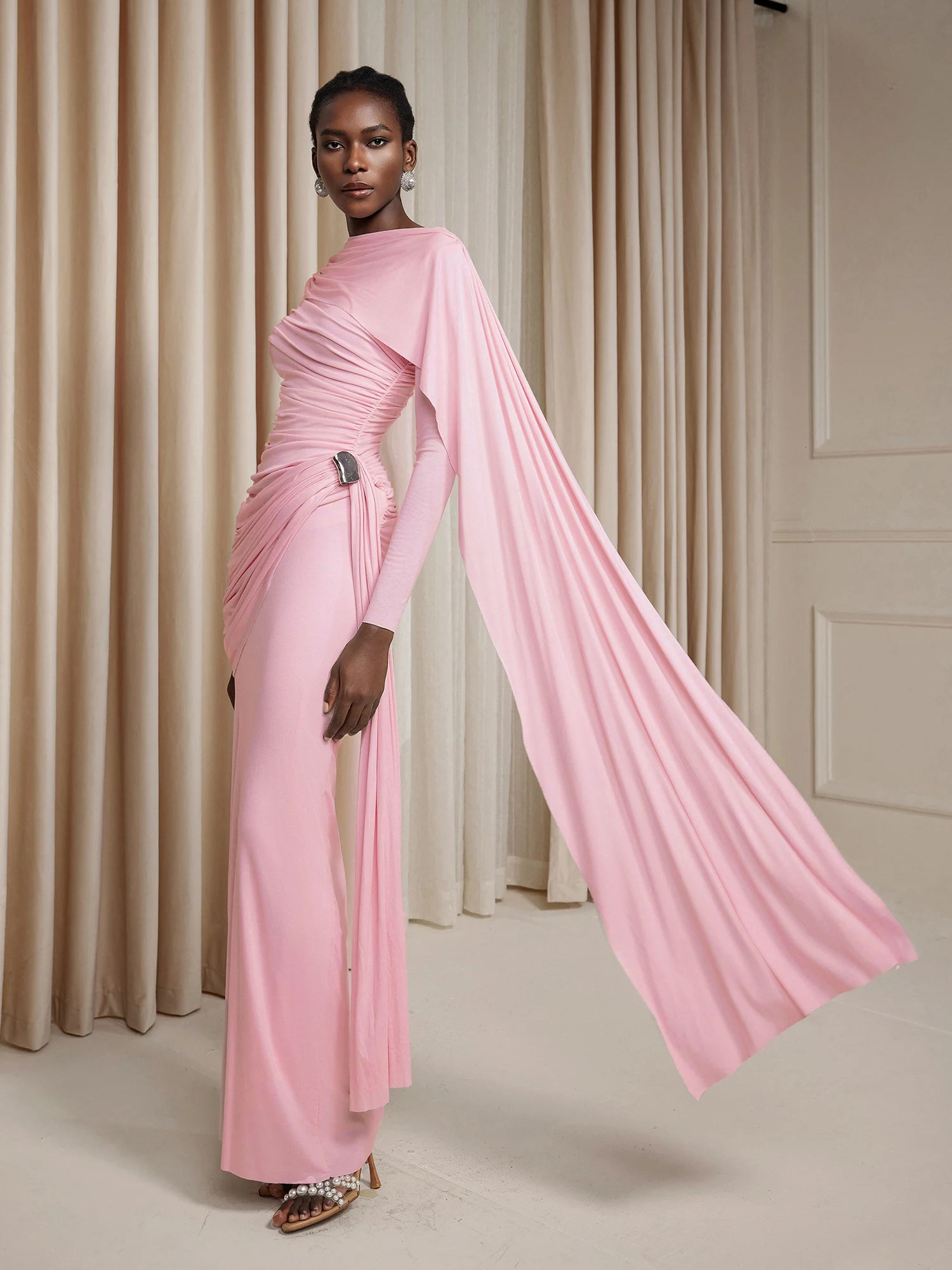 Asymmetric Ruched Cape Maxi Dress Powder Blush / S