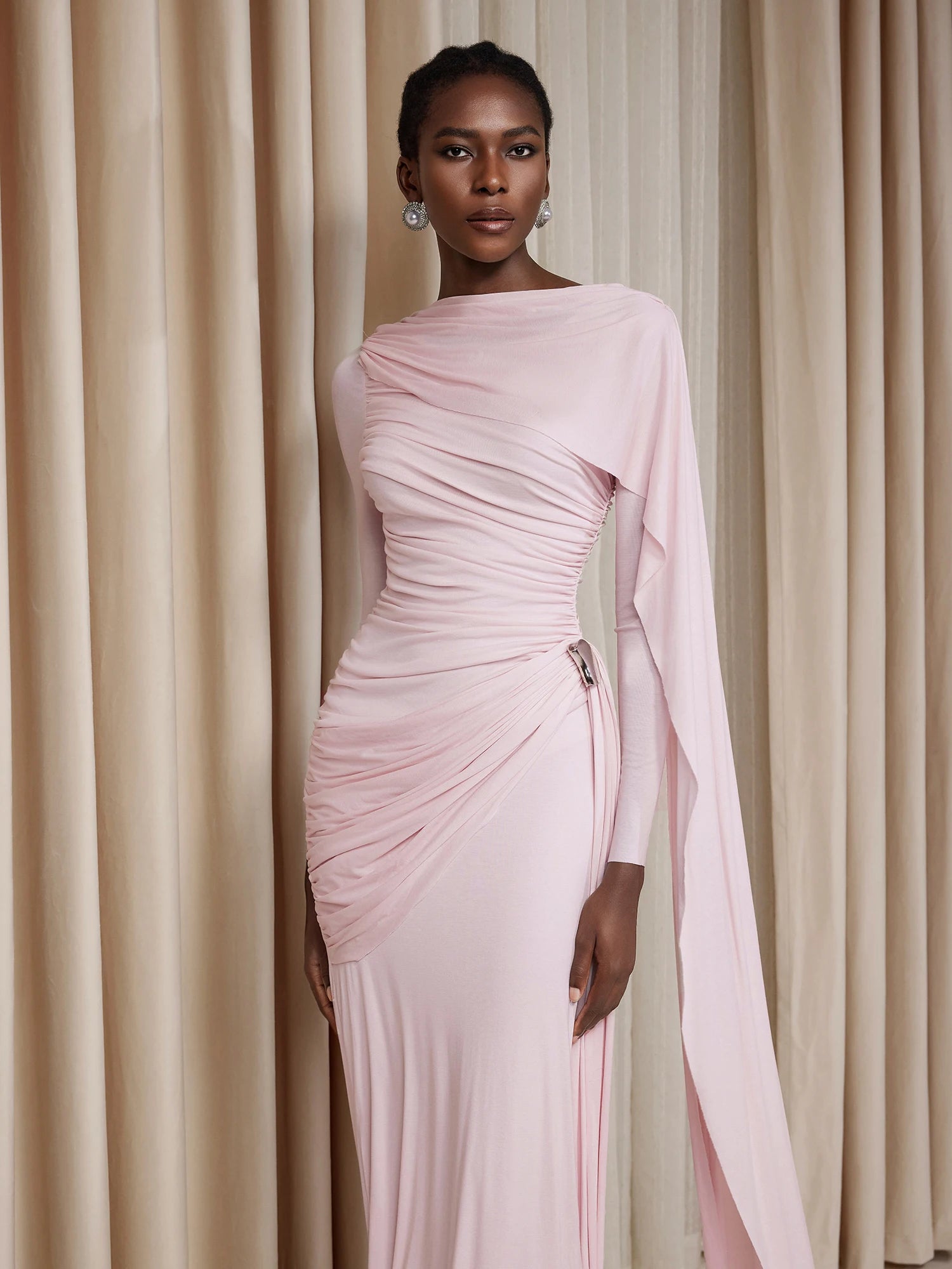 Asymmetric Ruched Cape Maxi Dress|NOOSGOP