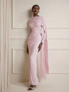 Asymmetric Ruched Cape Maxi Dress|NOOSGOP