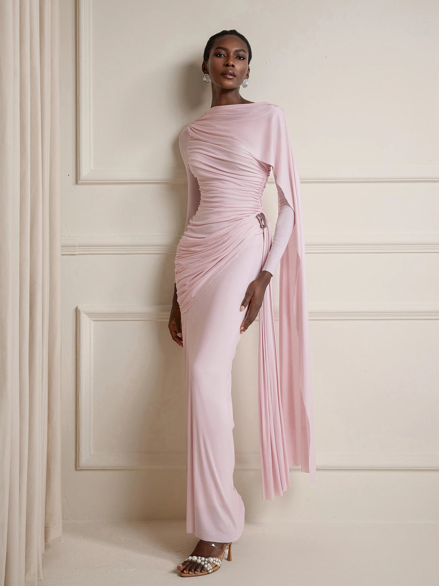 Asymmetric Ruched Cape Maxi Dress|NOOSGOP