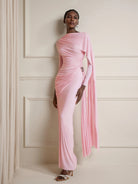 Asymmetric Ruched Cape Maxi Dress|NOOSGOP