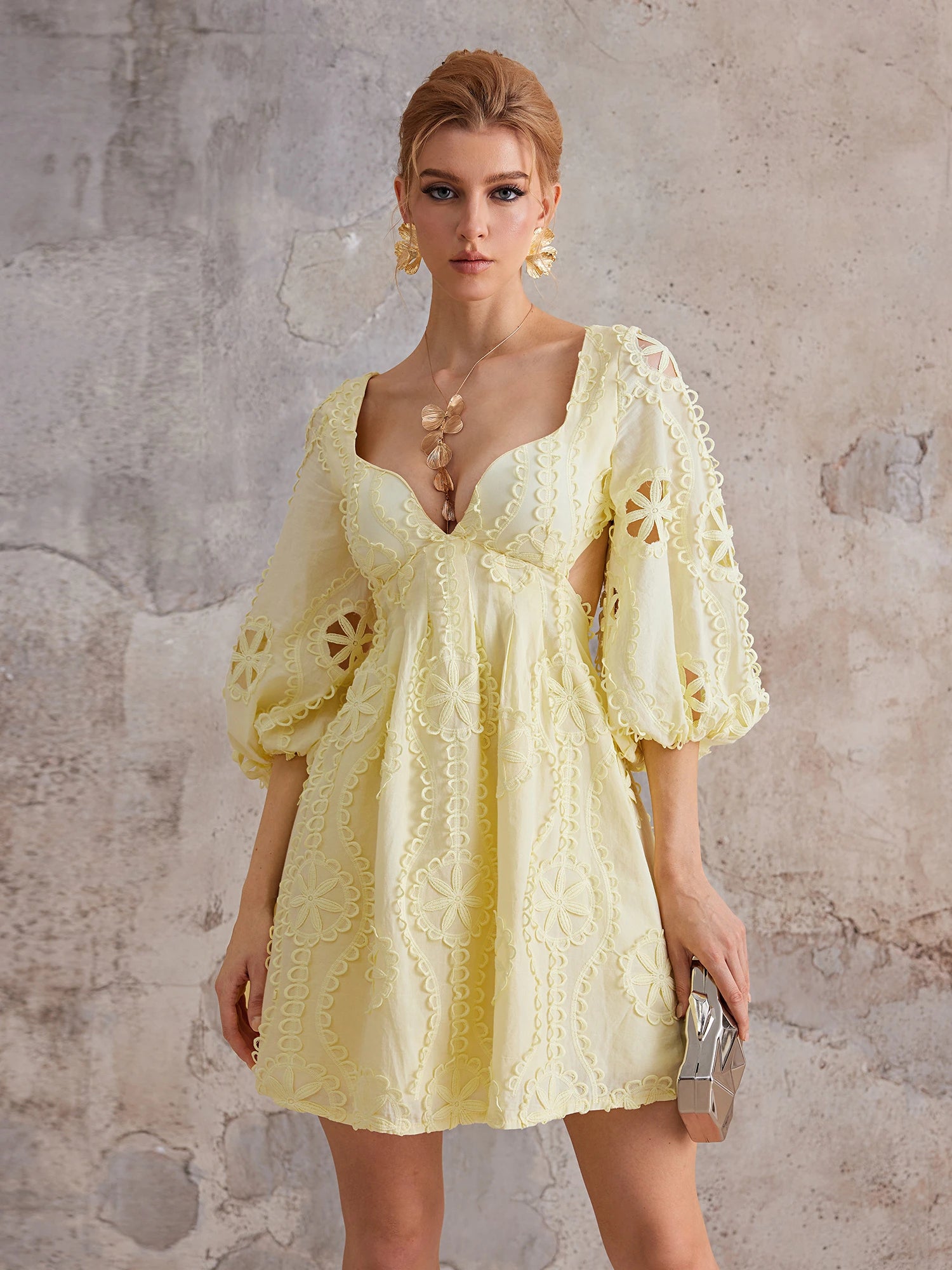 Backless Balloon Sleeve Lace Mini Dress Ivory Whisper / S