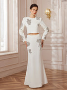 Beaded Pavé-Trim Crop Top and Skirt Set|NOOSGOP