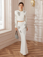 Beaded Pavé-Trim Crop Top and Skirt Set|NOOSGOP