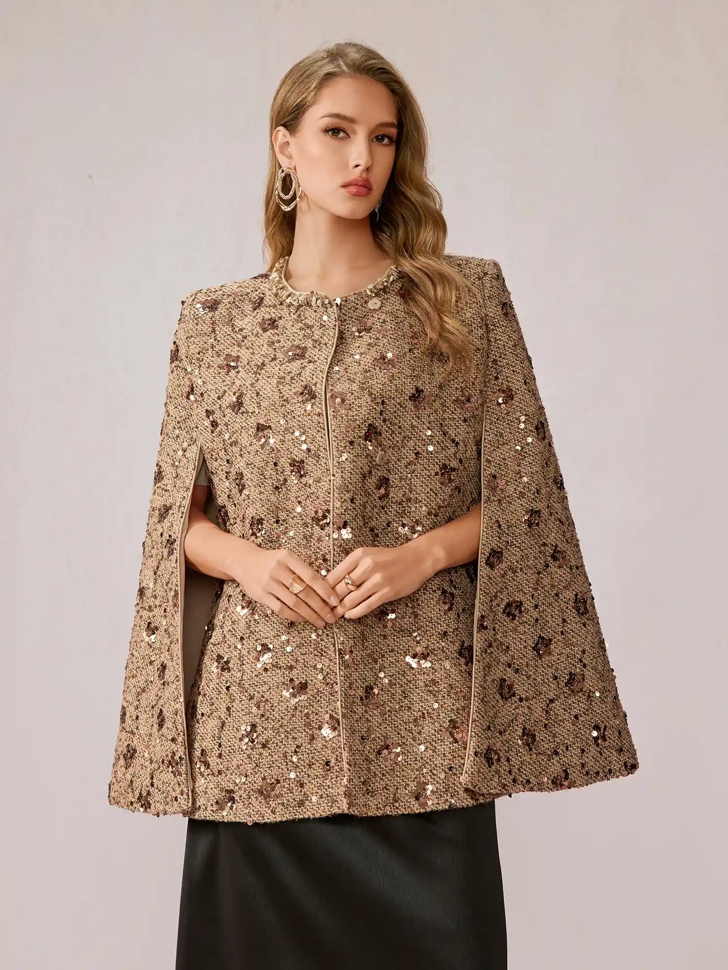Beige Brown Sequin Shawl Top|NOOSGOP