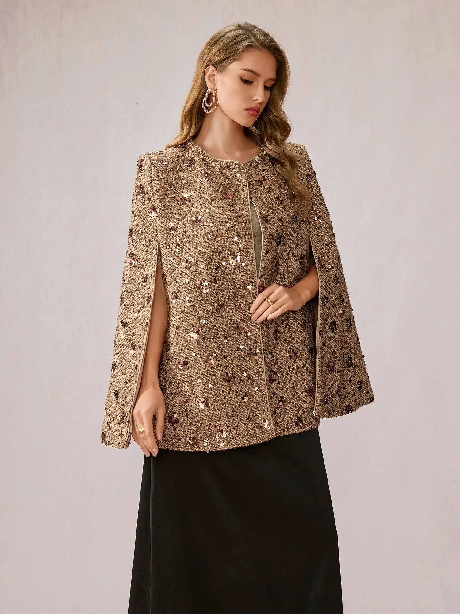 Beige Brown Sequin Shawl Top|NOOSGOP