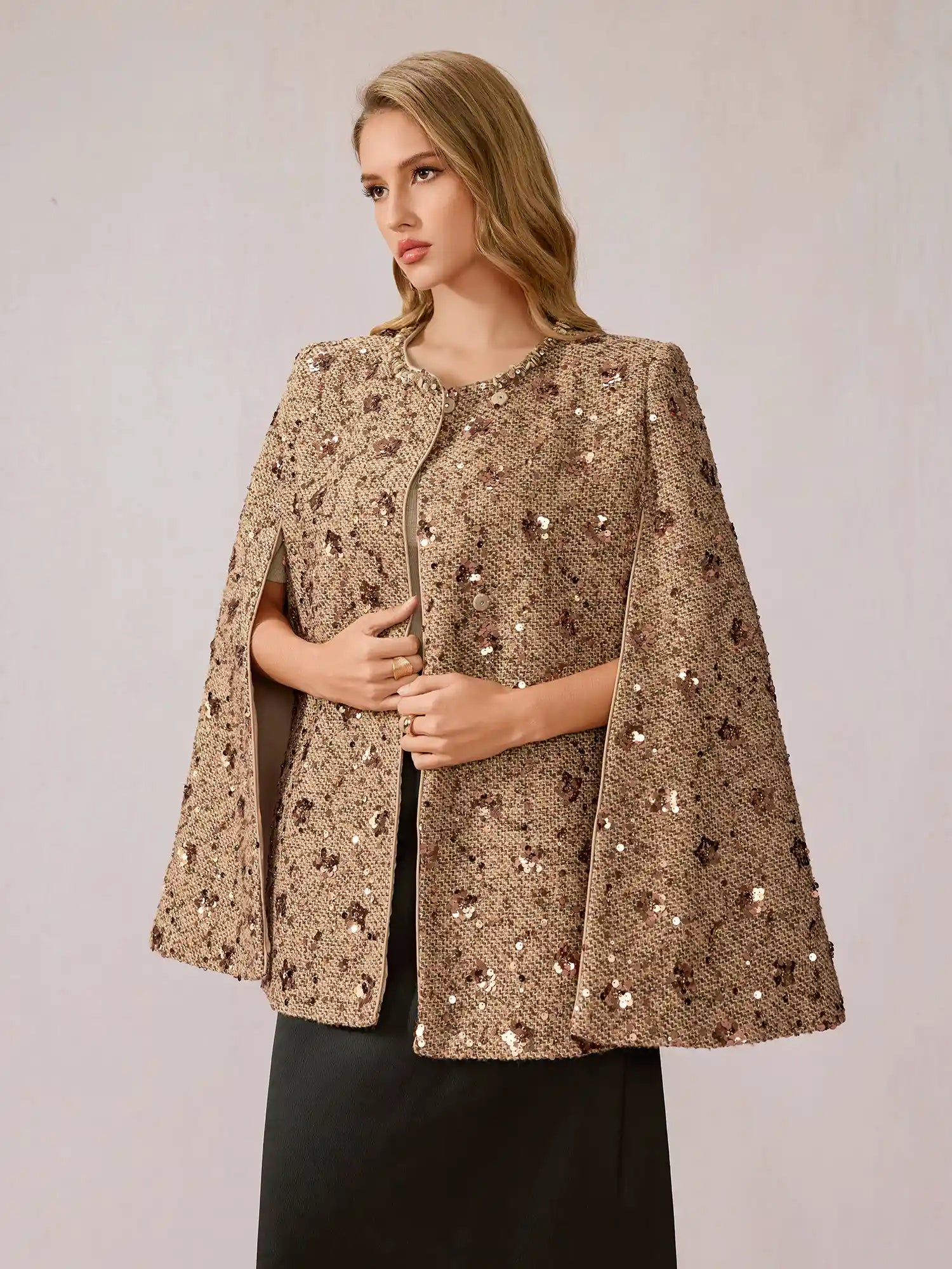 Beige Brown Sequin Shawl Top|NOOSGOP