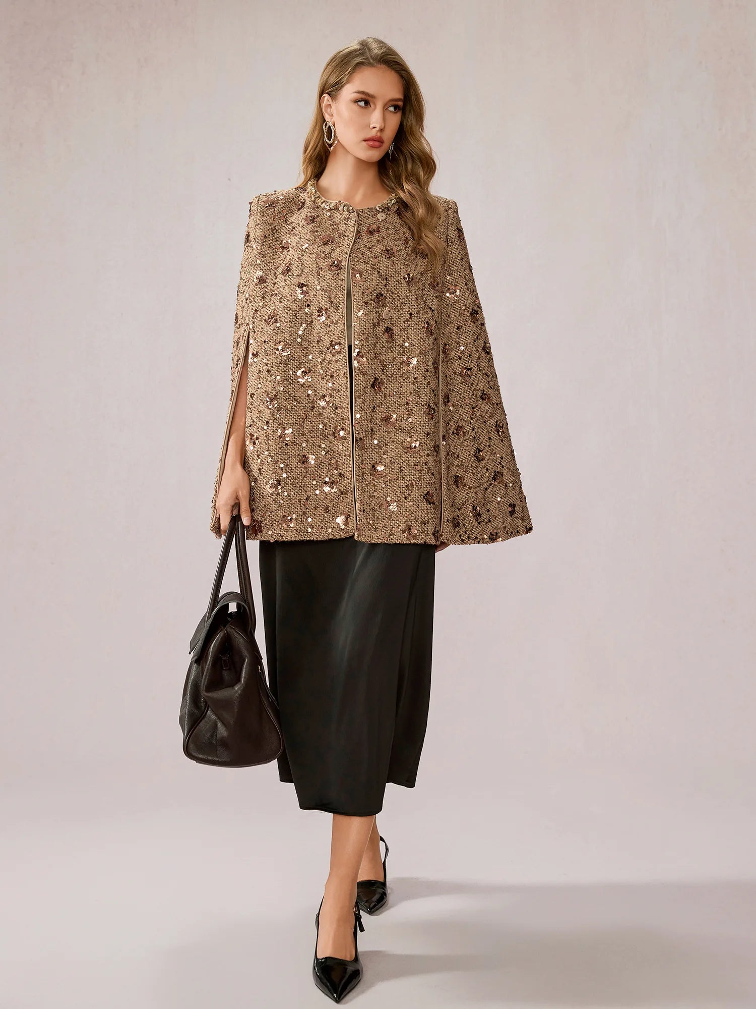 Beige Brown Sequin Shawl Top|NOOSGOP