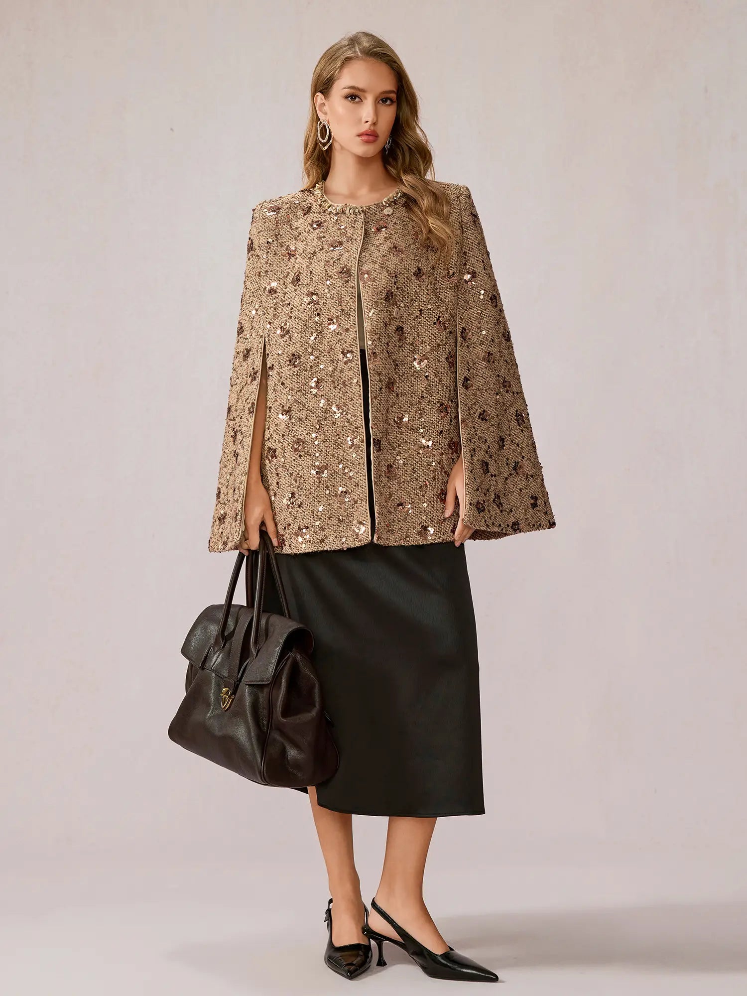 Beige Brown Sequin Shawl Top|NOOSGOP