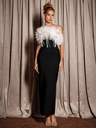 Black Feather Trim Strapless Midi Dress|NOOSGOP