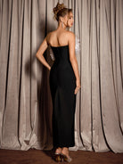 Black Feather Trim Strapless Midi Dress|NOOSGOP