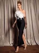 Black Feather Trim Strapless Midi Dress|NOOSGOP