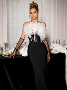 Black Feather Trim Strapless Midi Dress|NOOSGOP