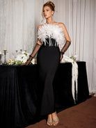 Black Feather Trim Strapless Midi Dress|NOOSGOP
