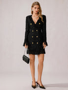 Black Fringe V-Neck Mini Dress|NOOSGOP