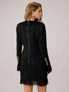 Black Fringe V-Neck Mini Dress|NOOSGOP