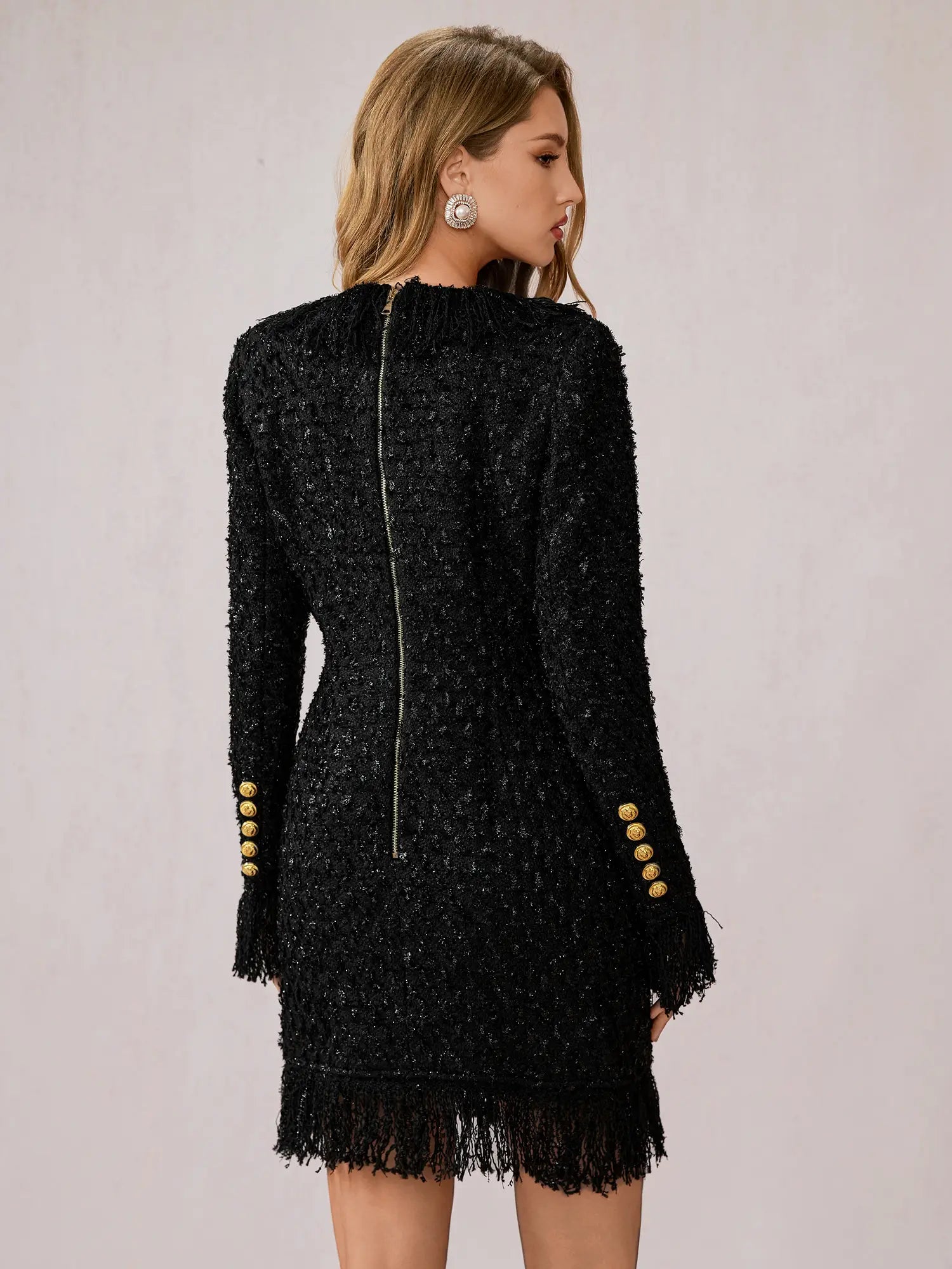 Black Fringe V-Neck Mini Dress|NOOSGOP