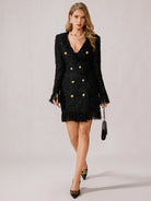 Black Fringe V-Neck Mini Dress|NOOSGOP