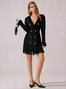 Black Fringe V-Neck Mini Dress|NOOSGOP