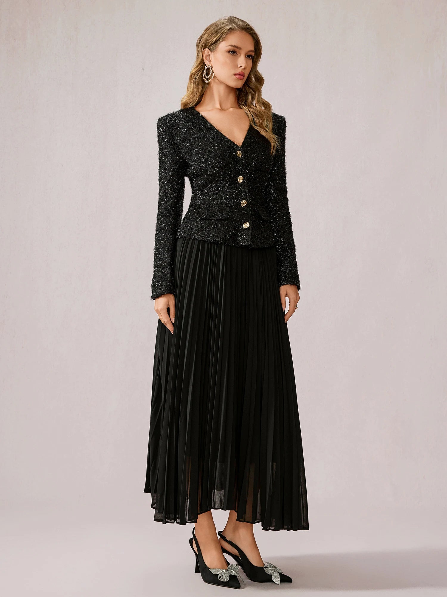 Black Fuzzy V-Neck Two-Piece Set|NOOSGOP