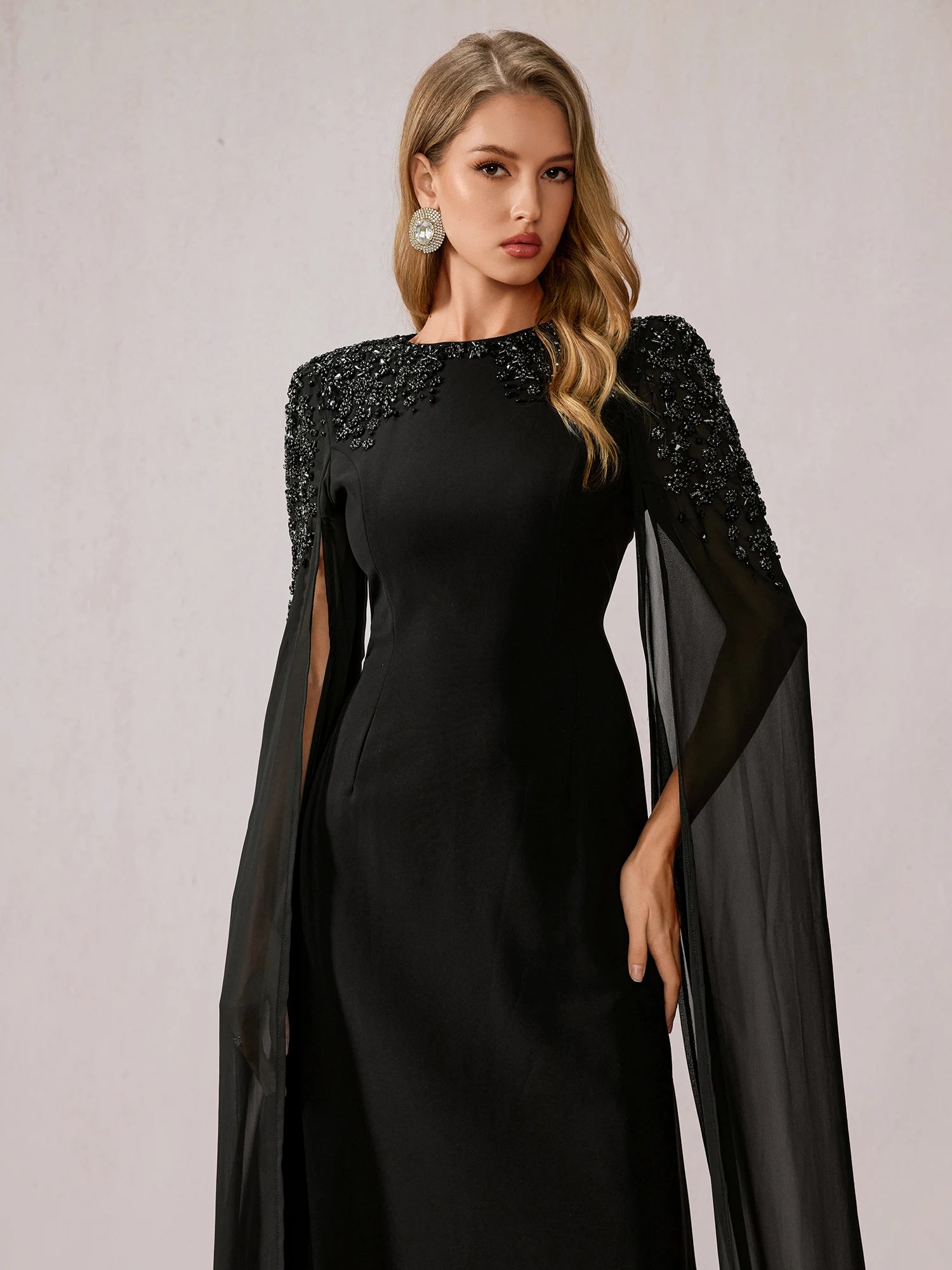 Black Mesh Shawl Maxi Dress|NOOSGOP