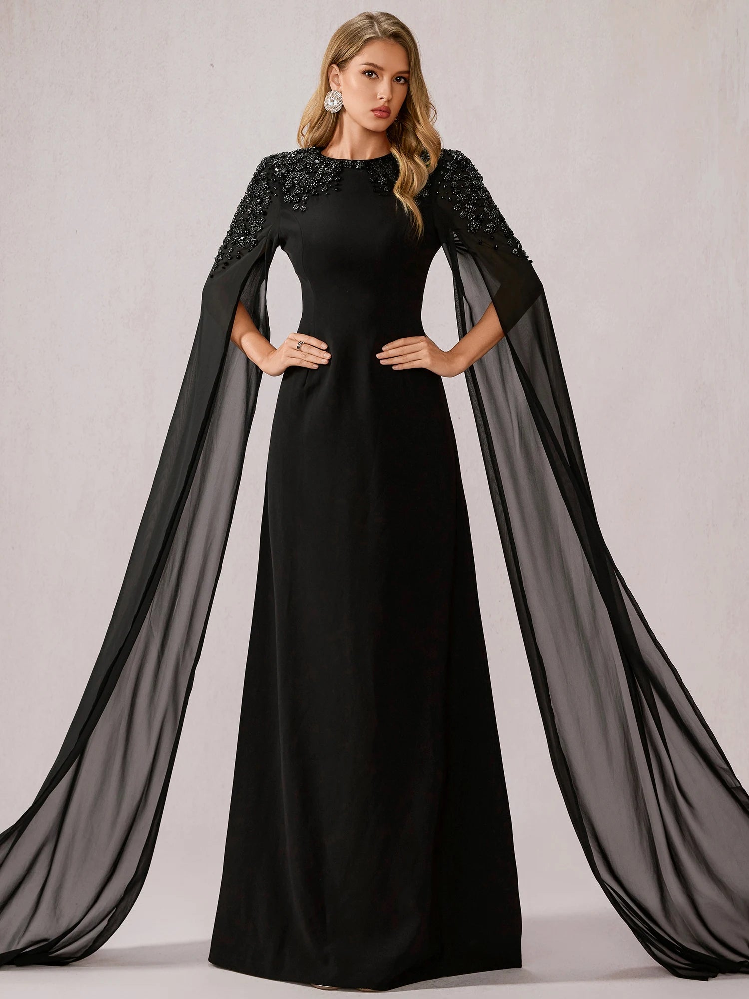 Black Mesh Shawl Maxi Dress|NOOSGOP