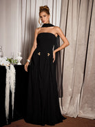 Black Metallic Neck Tie Maxi Dress|NOOSGOP