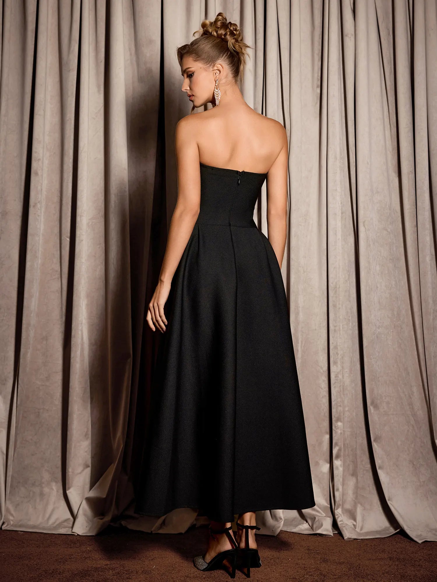 Black Rhinestone Grid Formal Midi Dress|NOOSGOP