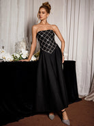 Black Rhinestone Grid Formal Midi Dress|NOOSGOP