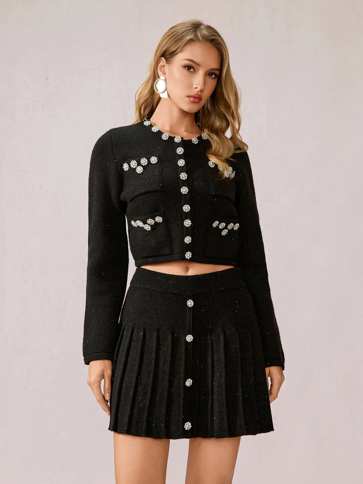 Black Round Neck Diamond Two-Piece Set|NOOSGOP
