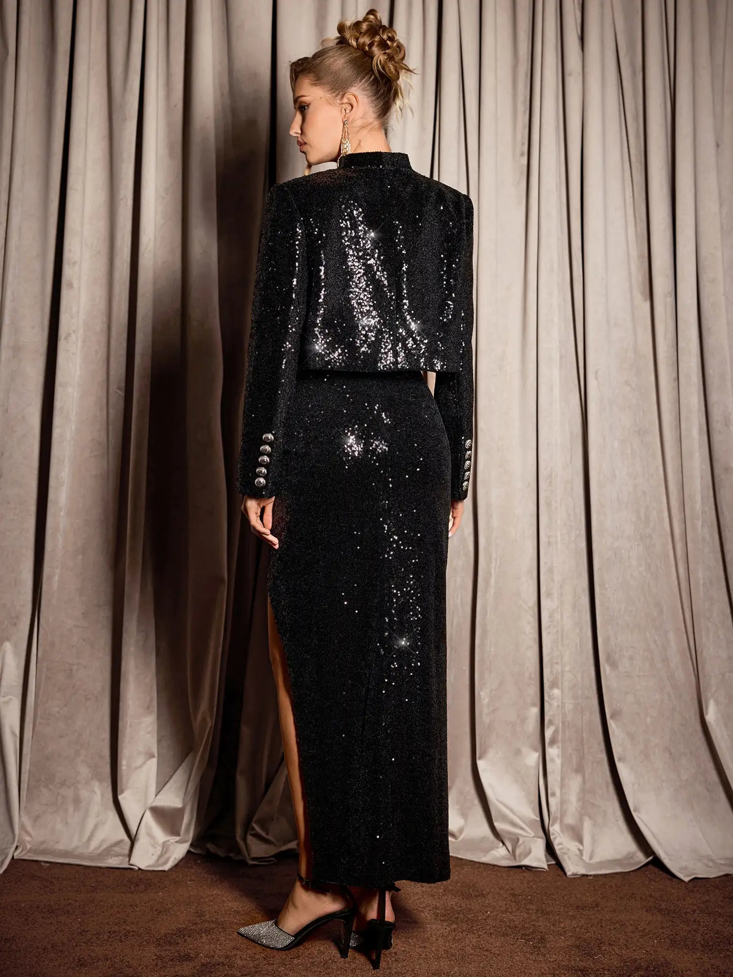 Black Sleek Slit Skirt Elegant Two-Piece Set|NOOSGOP