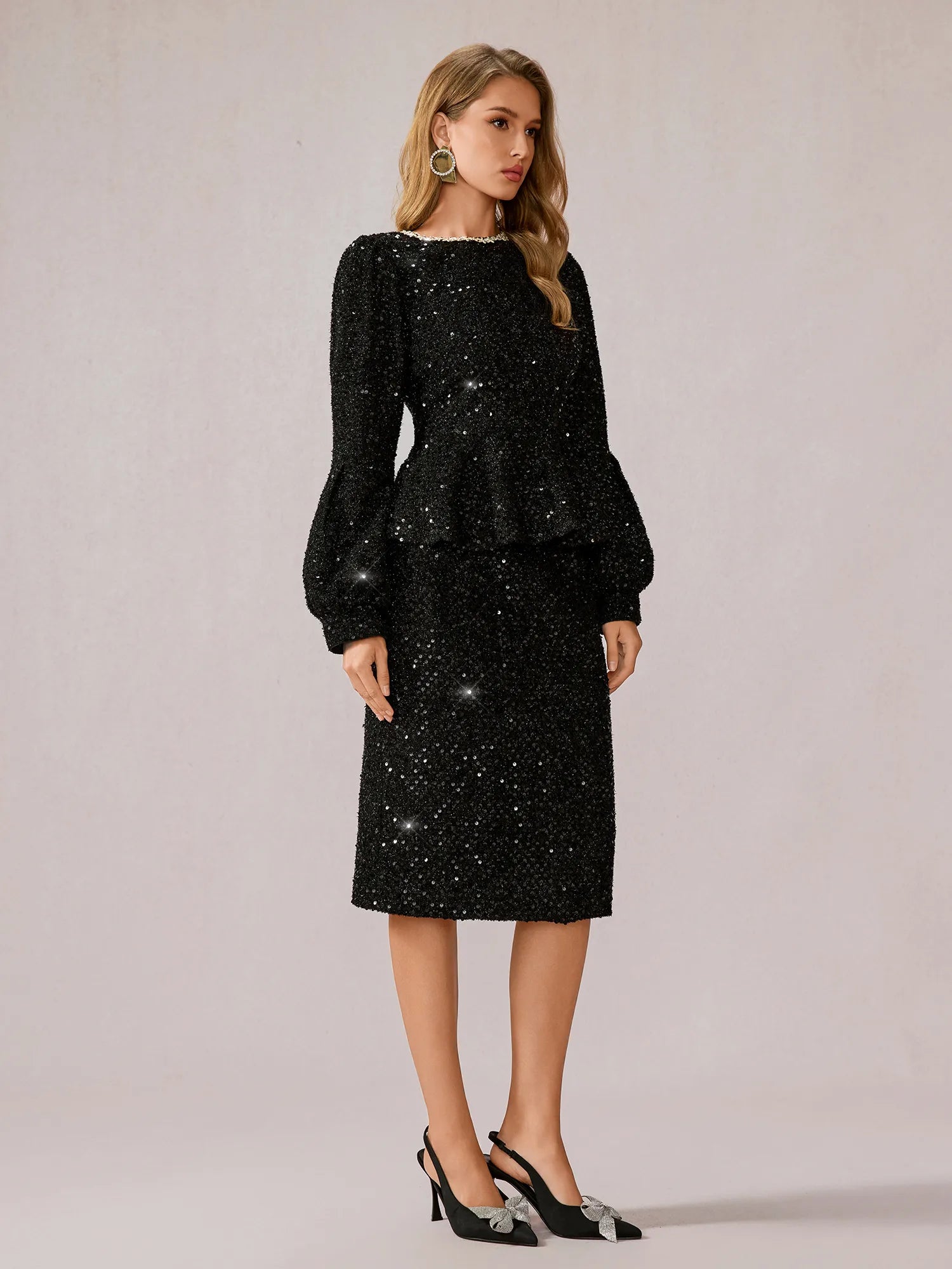 black sparkly two piece dress Daily Two-Piece Set | Elegant for Work Size:XL 17.5” Neck / 36-37” Sleeve Short Sleeve Black Formal A black two feature: meridian-wicking