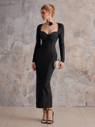 Black slim fit long-sleeved midi dress|NOOSGOP