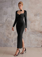 Black slim fit long-sleeved midi dress|NOOSGOP