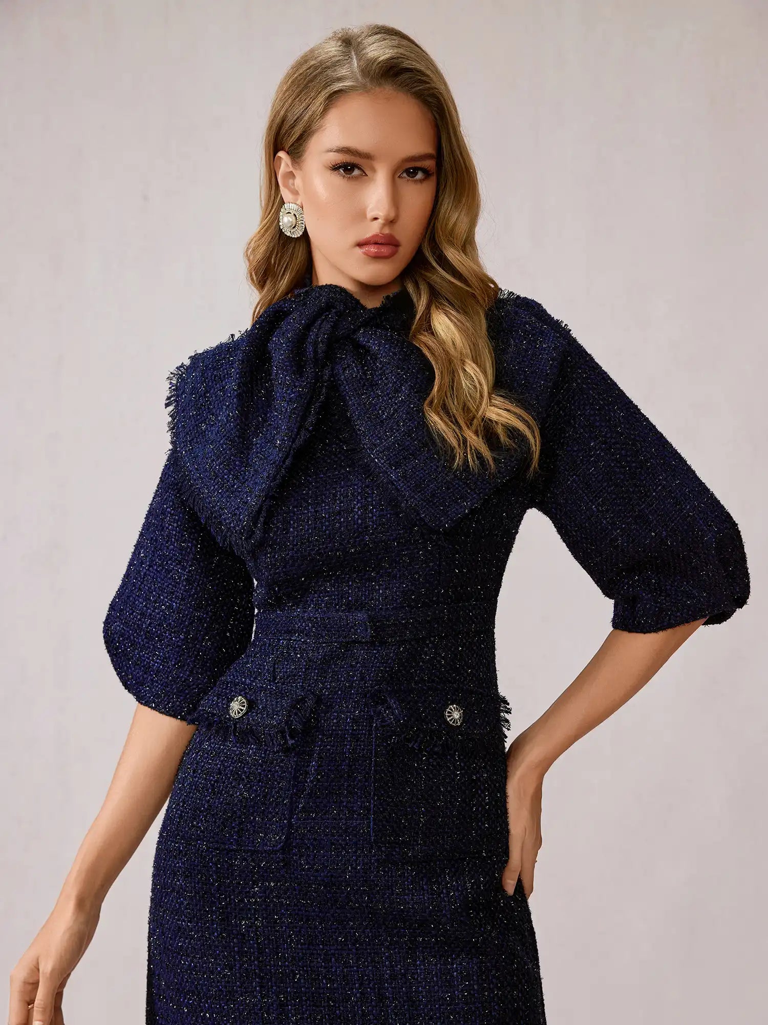 Blue Large Bow Collar Midi Dress|NOOSGOP