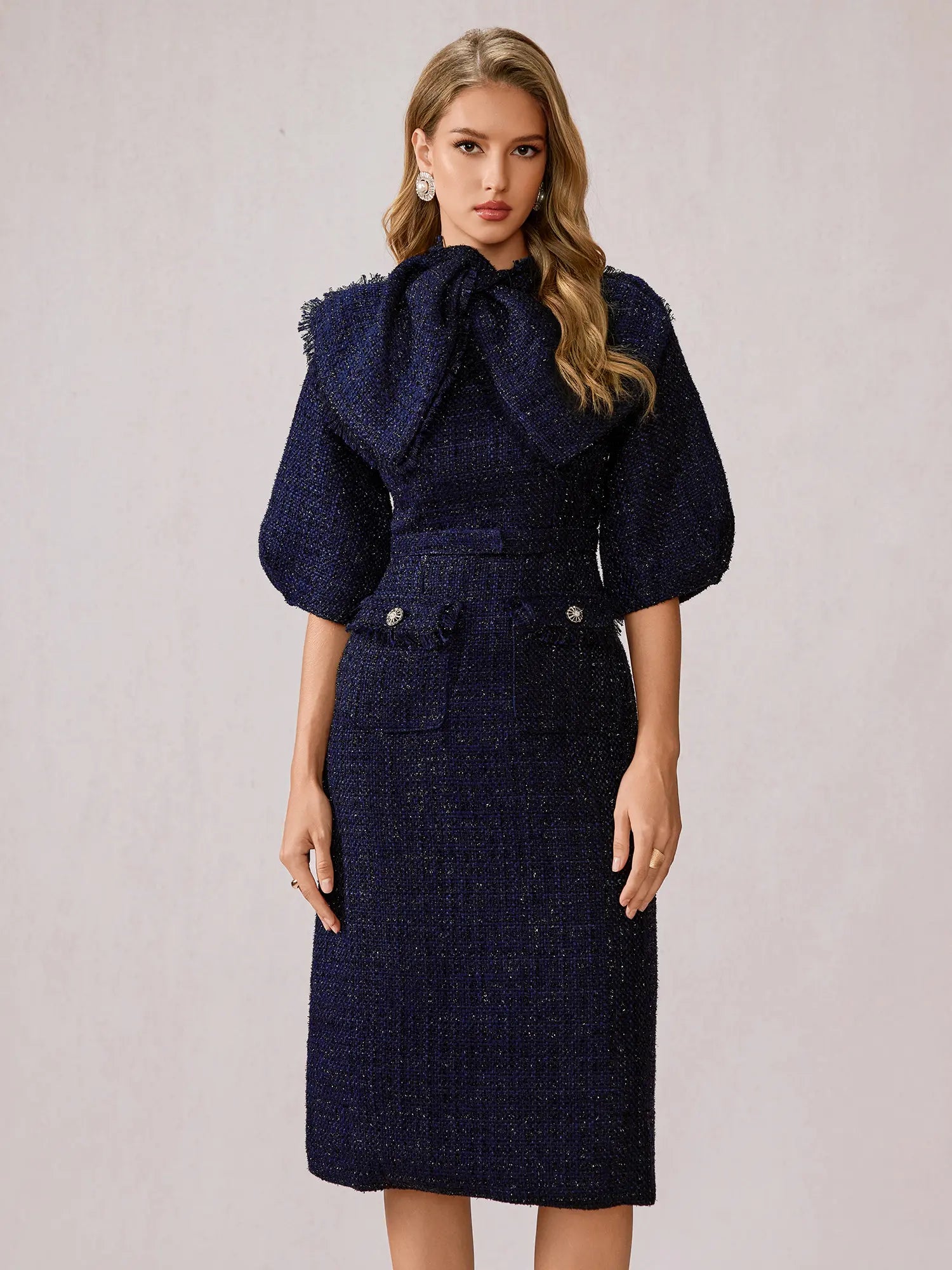 Blue Large Bow Collar Midi Dress|NOOSGOP