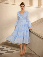 Blue Mesh Puff Sleeve Midi Dress with Belt|NOOSGOP
