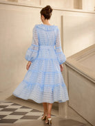 Blue Mesh Puff Sleeve Midi Dress with Belt|NOOSGOP
