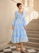 Blue Mesh Puff Sleeve Midi Dress with Belt|NOOSGOP