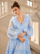 Blue Mesh Puff Sleeve Midi Dress with Belt|NOOSGOP