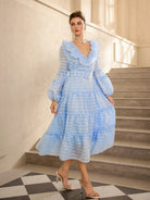 Blue Mesh Puff Sleeve Midi Dress with Belt|NOOSGOP