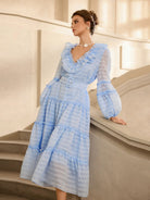 Blue Mesh Puff Sleeve Midi Dress with Belt|NOOSGOP