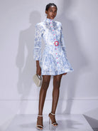 Blue Printed High-Neck Mini Dress with Belt|NOOSGOP